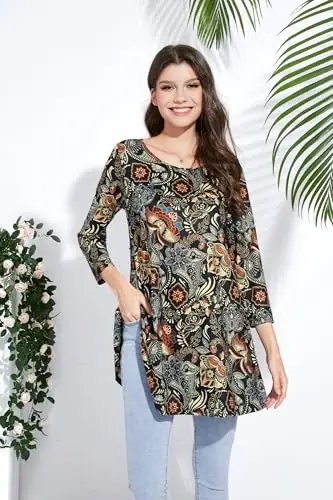 ENMAIN Women's Tops 3/4 Sleeve Dressy Casual Plus Size Tunic Tops to Wear with Leggings Swing Flare T-Shirt Loose Fit Blouses - 2
