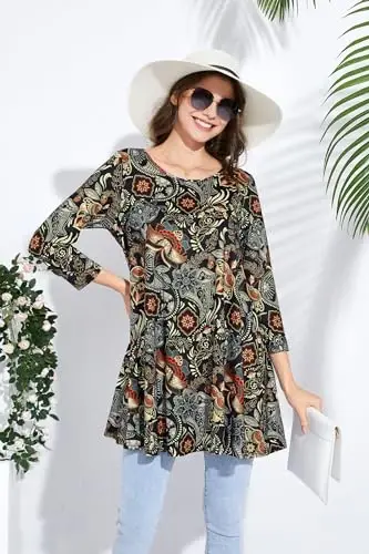 ENMAIN Women's Tops 3/4 Sleeve Dressy Casual Plus Size Tunic Tops to Wear with Leggings Swing Flare T-Shirt Loose Fit Blouses - 5