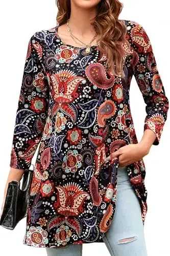 ENMAIN Women's Tops 3/4 Sleeve Dressy Casual Plus Size Tunic Tops to Wear with Leggings Swing Flare T-Shirt Loose Fit Blouses 