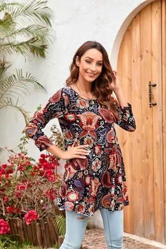 ENMAIN Women's Tops 3/4 Sleeve Dressy Casual Plus Size Tunic Tops to Wear with Leggings Swing Flare T-Shirt Loose Fit Blouses - 3