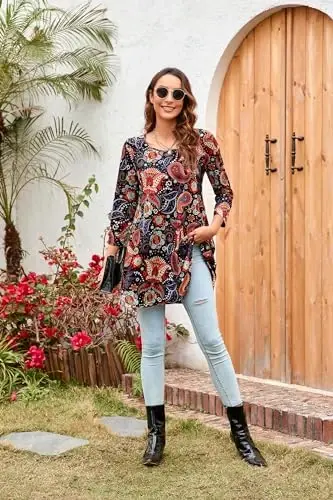 ENMAIN Women's Tops 3/4 Sleeve Dressy Casual Plus Size Tunic Tops to Wear with Leggings Swing Flare T-Shirt Loose Fit Blouses - 5