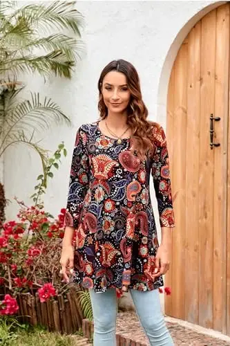 ENMAIN Women's Tops 3/4 Sleeve Dressy Casual Plus Size Tunic Tops to Wear with Leggings Swing Flare T-Shirt Loose Fit Blouses - 4