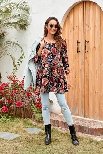 ENMAIN Women's Tops 3/4 Sleeve Dressy Casual Plus Size Tunic Tops to Wear with Leggings Swing Flare T-Shirt Loose Fit Blouses - 6