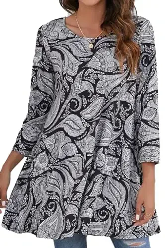 ENMAIN Women's Tops 3/4 Sleeve Dressy Casual Plus Size Tunic Tops to Wear with Leggings Swing Flare T-Shirt Loose Fit Blouses 