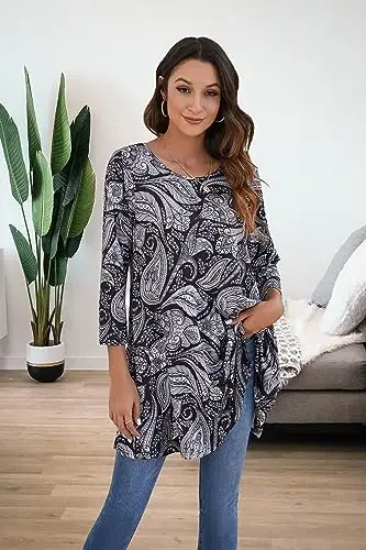 ENMAIN Women's Tops 3/4 Sleeve Dressy Casual Plus Size Tunic Tops to Wear with Leggings Swing Flare T-Shirt Loose Fit Blouses - 2
