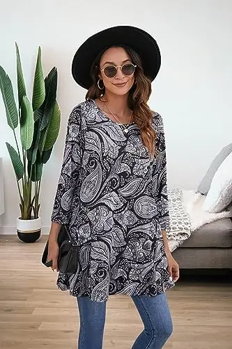 ENMAIN Women's Tops 3/4 Sleeve Dressy Casual Plus Size Tunic Tops to Wear with Leggings Swing Flare T-Shirt Loose Fit Blouses - 3