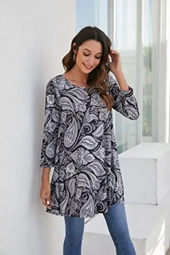 ENMAIN Women's Tops 3/4 Sleeve Dressy Casual Plus Size Tunic Tops to Wear with Leggings Swing Flare T-Shirt Loose Fit Blouses - 4