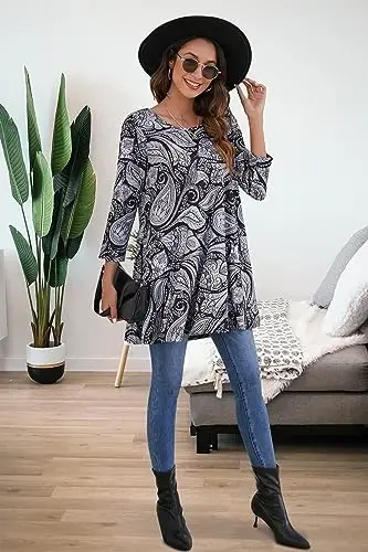 ENMAIN Women's Tops 3/4 Sleeve Dressy Casual Plus Size Tunic Tops to Wear with Leggings Swing Flare T-Shirt Loose Fit Blouses - 6