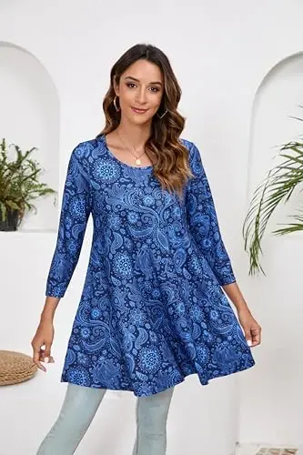 ENMAIN Women's Tops 3/4 Sleeve Dressy Casual Plus Size Tunic Tops to Wear with Leggings Swing Flare T-Shirt Loose Fit Blouses - 2