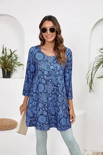 ENMAIN Women's Tops 3/4 Sleeve Dressy Casual Plus Size Tunic Tops to Wear with Leggings Swing Flare T-Shirt Loose Fit Blouses - 3