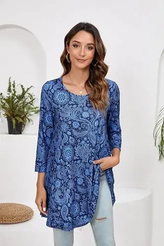 ENMAIN Women's Tops 3/4 Sleeve Dressy Casual Plus Size Tunic Tops to Wear with Leggings Swing Flare T-Shirt Loose Fit Blouses - 4