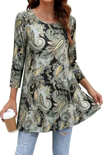 ENMAIN Womens Tops 3/4 Sleeve Tunic Tops Dressy Casual Plus Size Tunic To Wear With Leggings Swing Shirt Loose Fit Blouses 