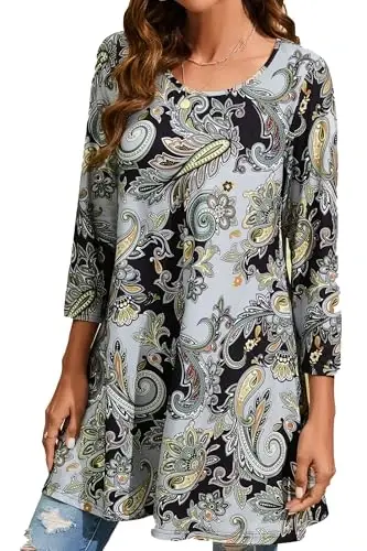 ENMAIN Women's Tops 3/4 Sleeve Dressy Casual Plus Size Tunic Tops to Wear with Leggings Swing Flare T-Shirt Loose Fit Blouses - 1