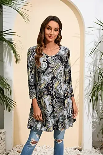 ENMAIN Women's Tops 3/4 Sleeve Dressy Casual Plus Size Tunic Tops to Wear with Leggings Swing Flare T-Shirt Loose Fit Blouses - 2