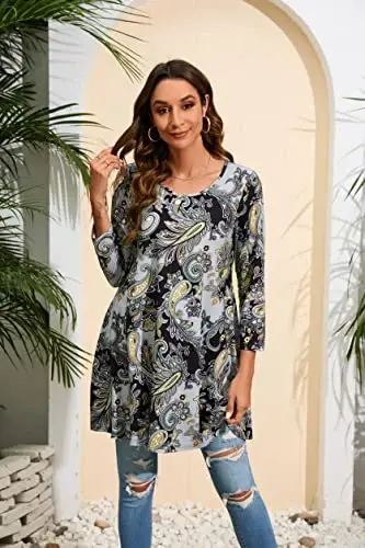 ENMAIN Women's Tops 3/4 Sleeve Dressy Casual Plus Size Tunic Tops to Wear with Leggings Swing Flare T-Shirt Loose Fit Blouses - 3