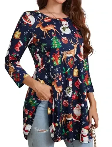 ENMAIN Women's Tops 3/4 Sleeve Dressy Casual Plus Size Tunic Tops to Wear with Leggings Swing Flare T-Shirt Loose Fit Blouses 