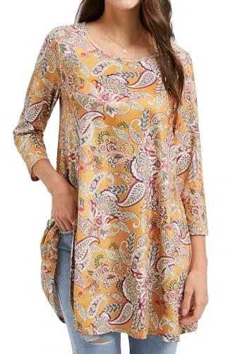 ENMAIN Women's Tops 3/4 Sleeve Dressy Casual Plus Size Tunic Tops to Wear with Leggings Swing Flare T-Shirt Loose Fit Blouses - 1