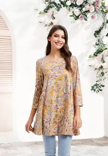 ENMAIN Women's Tops 3/4 Sleeve Dressy Casual Plus Size Tunic Tops to Wear with Leggings Swing Flare T-Shirt Loose Fit Blouses - 2