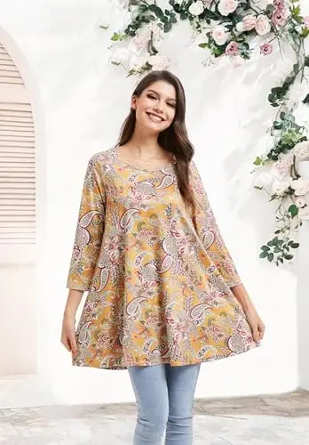ENMAIN Women's Tops 3/4 Sleeve Dressy Casual Plus Size Tunic Tops to Wear with Leggings Swing Flare T-Shirt Loose Fit Blouses - 3