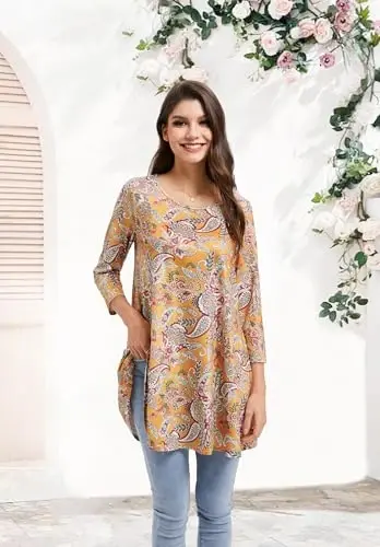 ENMAIN Women's Tops 3/4 Sleeve Dressy Casual Plus Size Tunic Tops to Wear with Leggings Swing Flare T-Shirt Loose Fit Blouses - 4