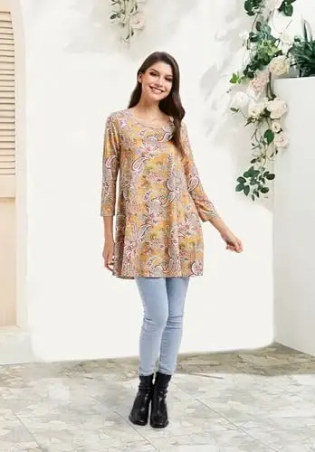 ENMAIN Women's Tops 3/4 Sleeve Dressy Casual Plus Size Tunic Tops to Wear with Leggings Swing Flare T-Shirt Loose Fit Blouses - 6