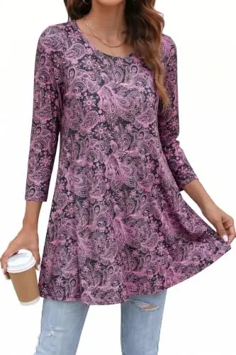 ENMAIN Womens Tops 3/4 Sleeve Tunic Tops Dressy Casual Plus Size Tunic To Wear With Leggings Swing Shirt Loose Fit Blouses 