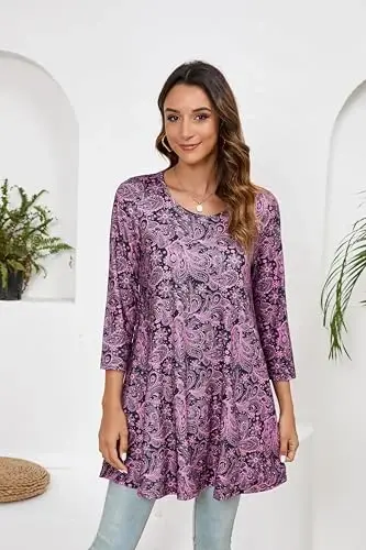 ENMAIN Women's Tops 3/4 Sleeve Dressy Casual Plus Size Tunic Tops to Wear with Leggings Swing Flare T-Shirt Loose Fit Blouses - 2