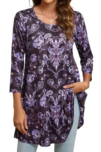 ENMAIN Women's Tops 3/4 Sleeve Dressy Casual Plus Size Tunic Tops to Wear with Leggings Swing Flare T-Shirt Loose Fit Blouses - 1