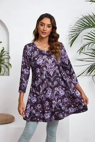 ENMAIN Women's Tops 3/4 Sleeve Dressy Casual Plus Size Tunic Tops to Wear with Leggings Swing Flare T-Shirt Loose Fit Blouses - 3