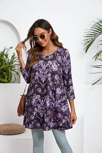 ENMAIN Women's Tops 3/4 Sleeve Dressy Casual Plus Size Tunic Tops to Wear with Leggings Swing Flare T-Shirt Loose Fit Blouses - 4