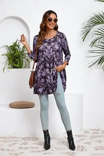 ENMAIN Women's Tops 3/4 Sleeve Dressy Casual Plus Size Tunic Tops to Wear with Leggings Swing Flare T-Shirt Loose Fit Blouses - 6