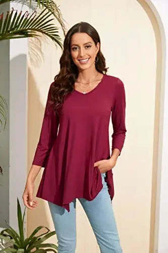 ENMAIN Women's Tops 3/4 Sleeve Dressy Casual Plus Size Tunic Tops to Wear with Leggings Swing Flare T-Shirt Loose Fit Blouses - 2