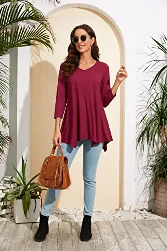 ENMAIN Women's Tops 3/4 Sleeve Dressy Casual Plus Size Tunic Tops to Wear with Leggings Swing Flare T-Shirt Loose Fit Blouses - 5