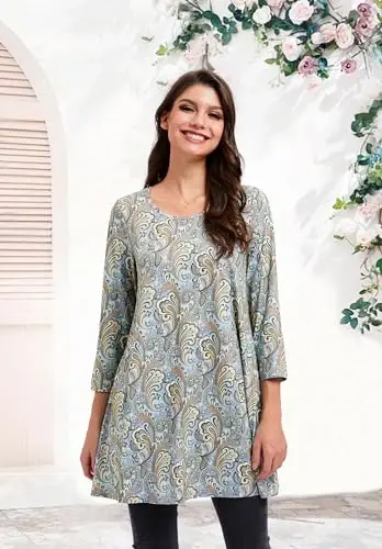 ENMAIN Women's Tops 3/4 Sleeve Dressy Casual Plus Size Tunic Tops to Wear with Leggings Swing Flare T-Shirt Loose Fit Blouses - 3