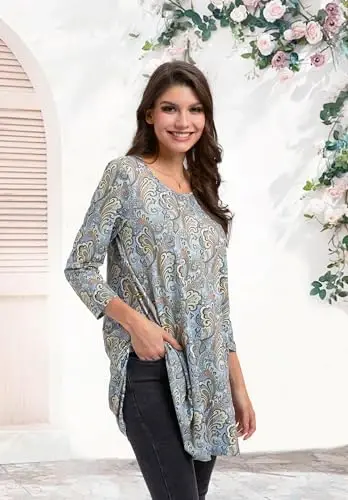 ENMAIN Women's Tops 3/4 Sleeve Dressy Casual Plus Size Tunic Tops to Wear with Leggings Swing Flare T-Shirt Loose Fit Blouses - 5