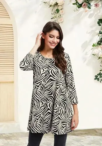ENMAIN Women's Tops 3/4 Sleeve Dressy Casual Plus Size Tunic Tops to Wear with Leggings Swing Flare T-Shirt Loose Fit Blouses - 2