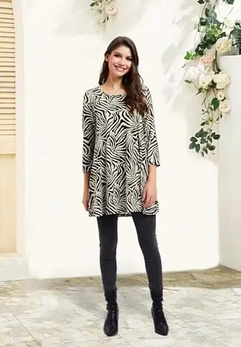 ENMAIN Women's Tops 3/4 Sleeve Dressy Casual Plus Size Tunic Tops to Wear with Leggings Swing Flare T-Shirt Loose Fit Blouses - 6