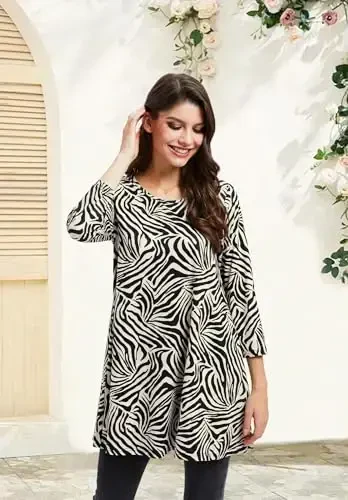 ENMAIN Women's Tops 3/4 Sleeve Dressy Casual Plus Size Tunic Tops to Wear with Leggings Swing Flare T-Shirt Loose Fit Blouses - 2