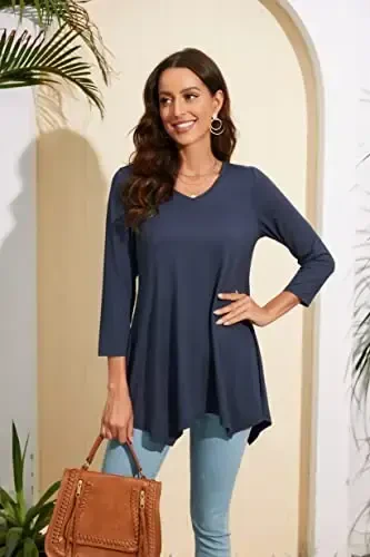ENMAIN Women's Tops 3/4 Sleeve Dressy Casual Plus Size Tunic Tops to Wear with Leggings Swing Flare T-Shirt Loose Fit Blouses - 5
