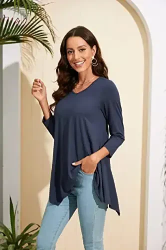 ENMAIN Women's Tops 3/4 Sleeve Dressy Casual Plus Size Tunic Tops to Wear with Leggings Swing Flare T-Shirt Loose Fit Blouses - 6