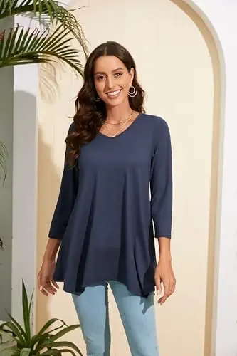 ENMAIN Women's Tops 3/4 Sleeve Dressy Casual Plus Size Tunic Tops to Wear with Leggings Swing Flare T-Shirt Loose Fit Blouses - 3