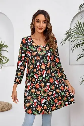 ENMAIN Women's Tops 3/4 Sleeve Dressy Casual Plus Size Tunic Tops to Wear with Leggings Swing Flare T-Shirt Loose Fit Blouses - MODAZONE (1)