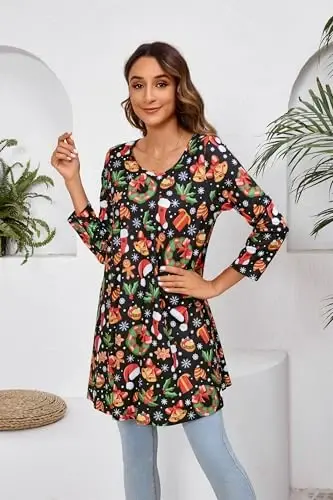ENMAIN Women's Tops 3/4 Sleeve Dressy Casual Plus Size Tunic Tops to Wear with Leggings Swing Flare T-Shirt Loose Fit Blouses - 4