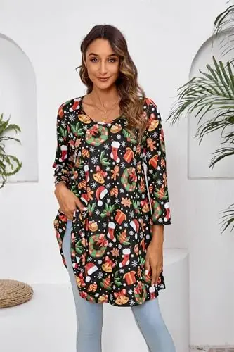 ENMAIN Women's Tops 3/4 Sleeve Dressy Casual Plus Size Tunic Tops to Wear with Leggings Swing Flare T-Shirt Loose Fit Blouses - 5