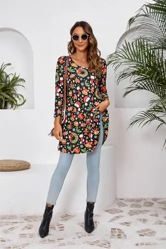 ENMAIN Women's Tops 3/4 Sleeve Dressy Casual Plus Size Tunic Tops to Wear with Leggings Swing Flare T-Shirt Loose Fit Blouses - 6