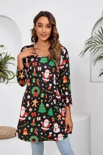 ENMAIN Women's Tops 3/4 Sleeve Dressy Casual Plus Size Tunic Tops to Wear with Leggings Swing Flare T-Shirt Loose Fit Blouses - 2