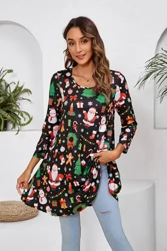 ENMAIN Women's Tops 3/4 Sleeve Dressy Casual Plus Size Tunic Tops to Wear with Leggings Swing Flare T-Shirt Loose Fit Blouses - 3