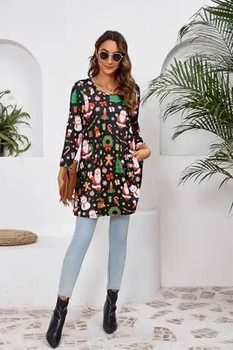ENMAIN Women's Tops 3/4 Sleeve Dressy Casual Plus Size Tunic Tops to Wear with Leggings Swing Flare T-Shirt Loose Fit Blouses - 6