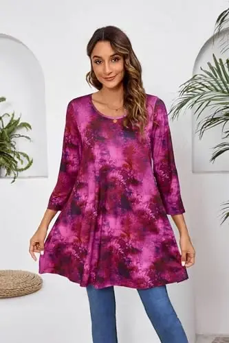 ENMAIN Women's Tops 3/4 Sleeve Dressy Casual Plus Size Tunic Tops to Wear with Leggings Swing Flare T-Shirt Loose Fit Blouses - 2