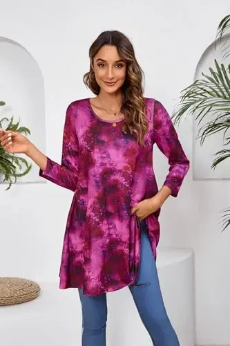 ENMAIN Women's Tops 3/4 Sleeve Dressy Casual Plus Size Tunic Tops to Wear with Leggings Swing Flare T-Shirt Loose Fit Blouses - 3